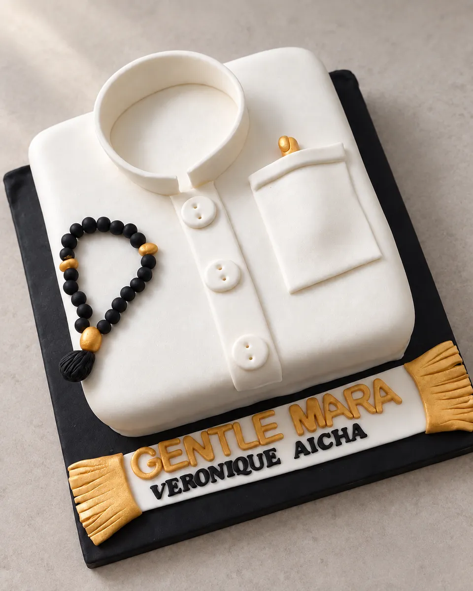 Gâteau sculpté en forme de chemise blanche, avec un chapelet et une écharpe dorée