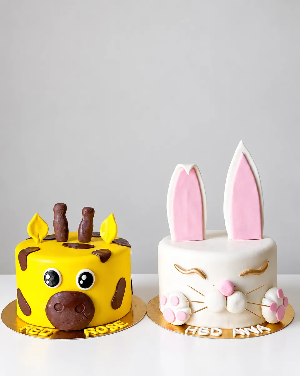 Deux gâteaux côte à côte : une girafe jaune et un lapin blanc aux oreilles roses