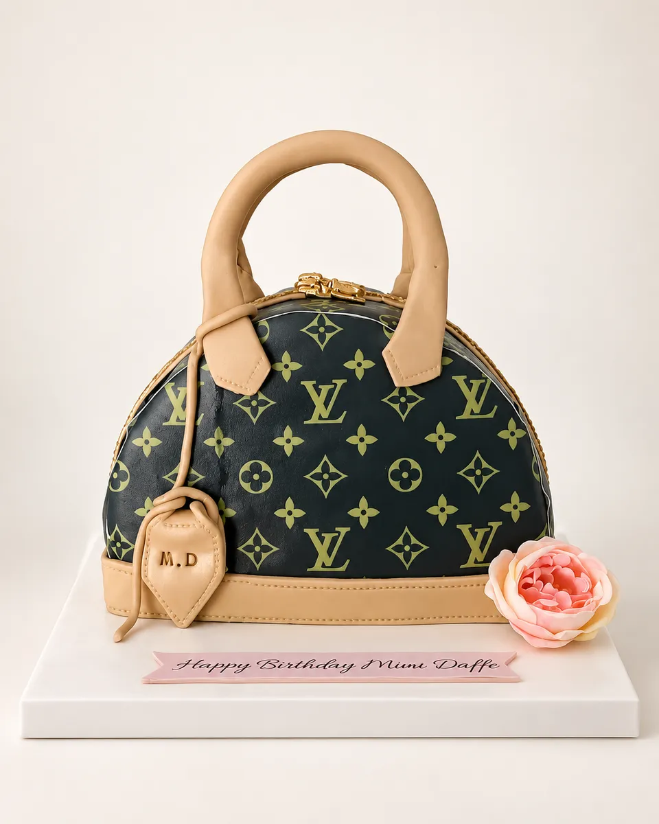 Gâteau sculpté en forme de sac à main de luxe, avec son cadenas et une rose