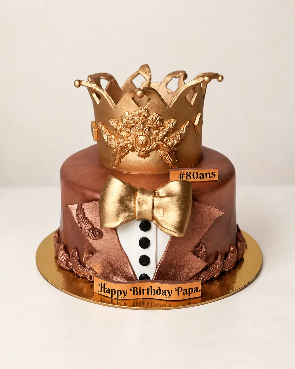 Gâteau rose gold en forme de smoking, avec nœud papillon doré et couronne