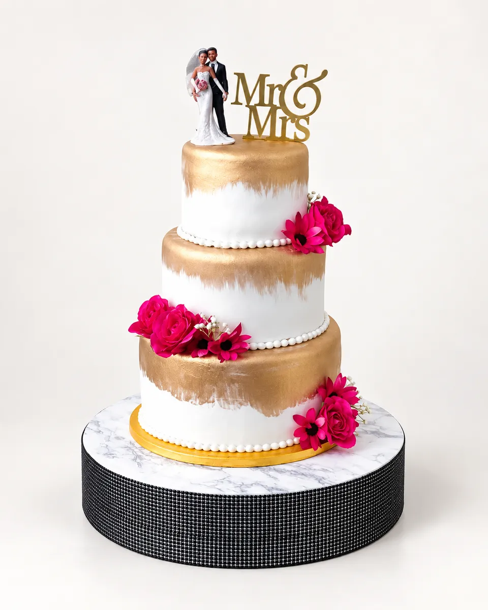 Pièce montée à trois étages, blanc et doré, avec un couple de mariés et des fleurs rouges