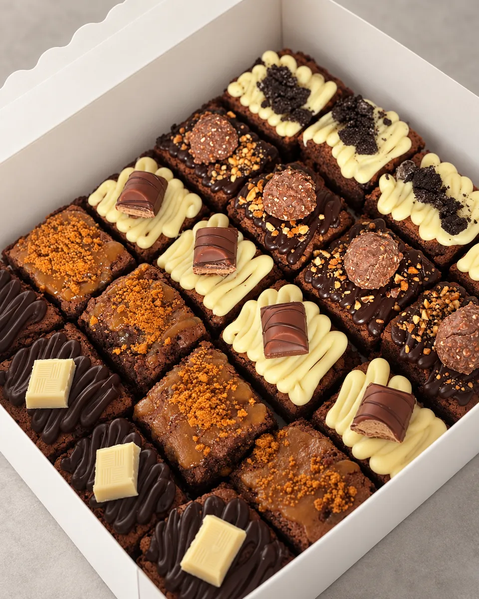 Boîte de brownies assortis, garnis de chocolats, de pralinés et de crème