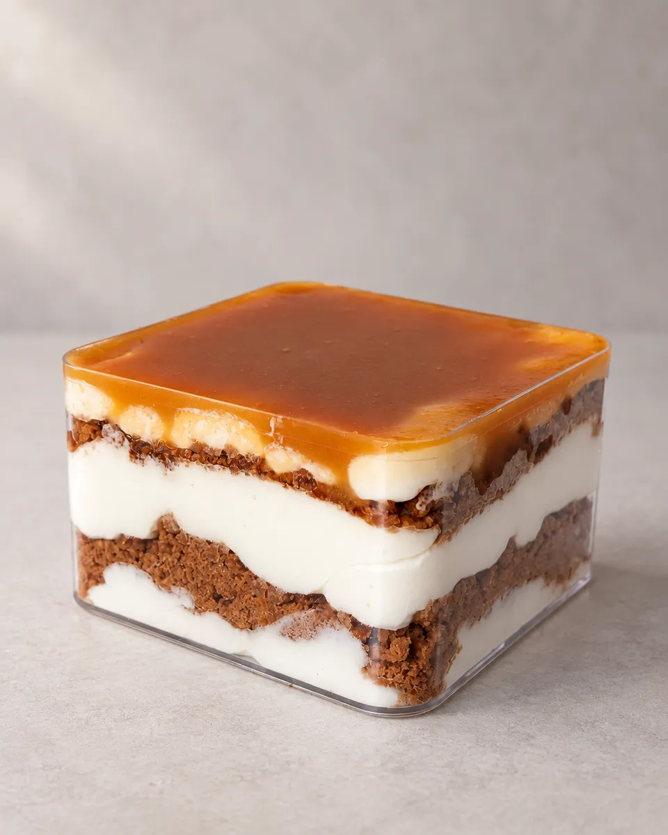 Verrine carrée au caramel, en couches de crème et de biscuit