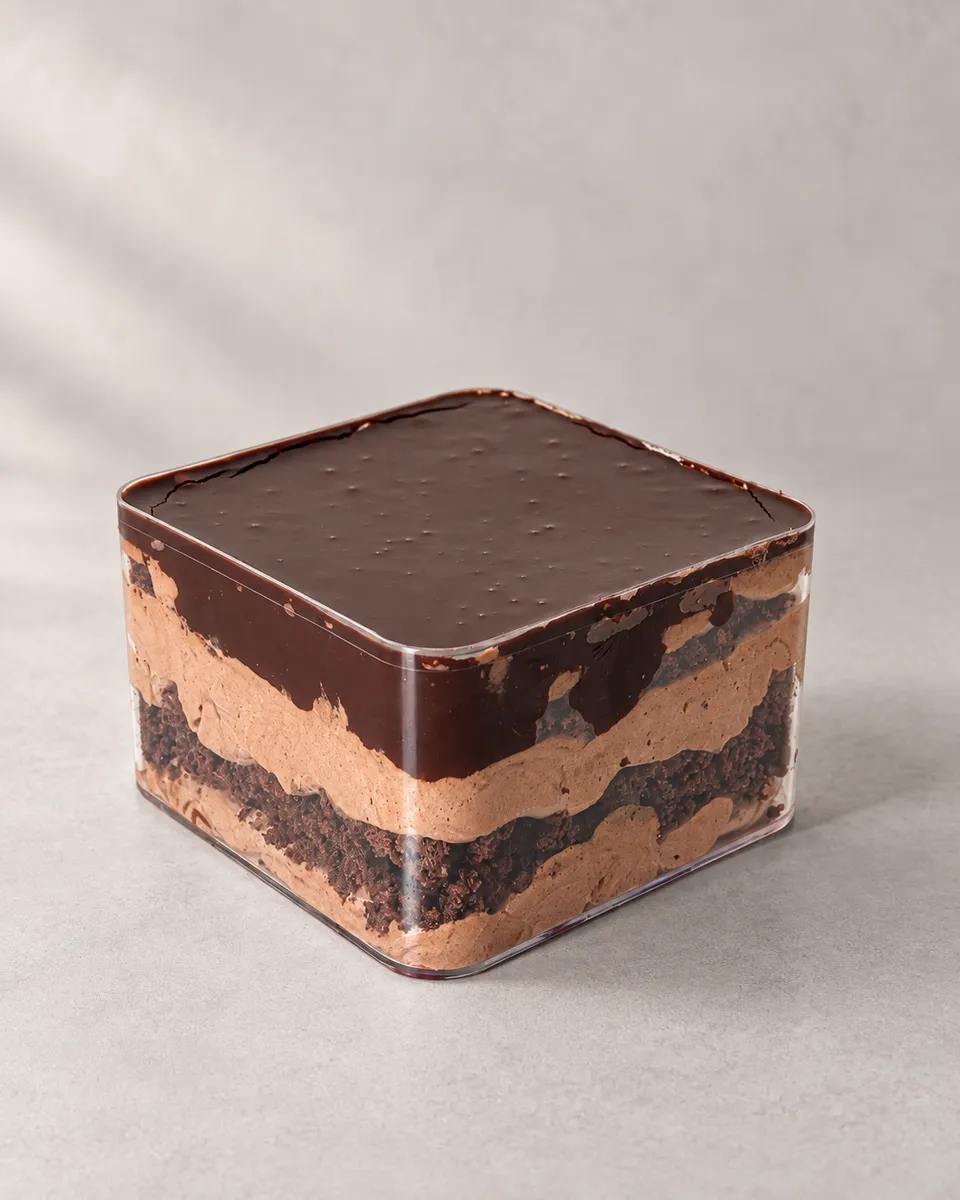 Verrine carrée au chocolat, glaçage brun foncé sur mousse et biscuit