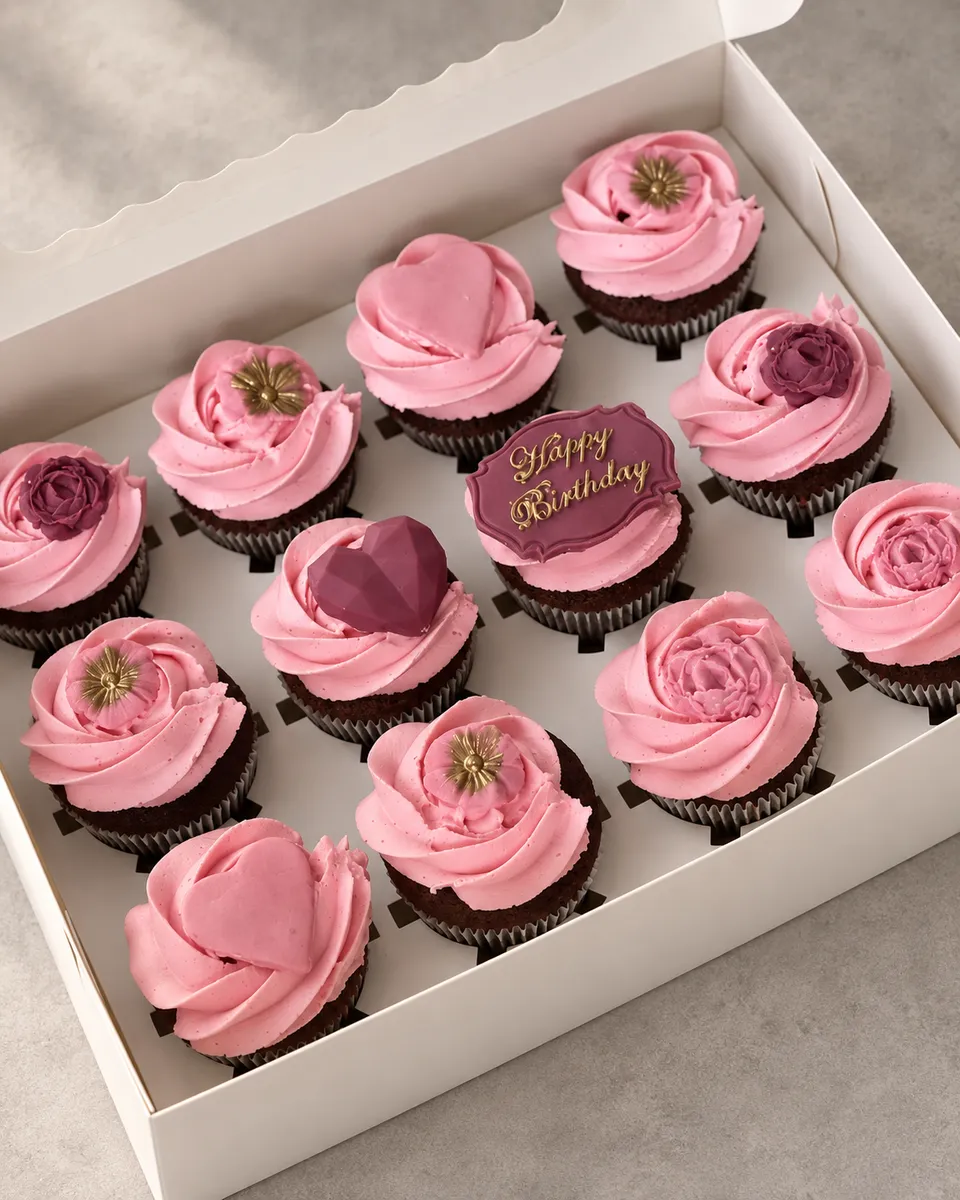 Boîte de douze cupcakes roses en rosace, avec décors dorés et une plaque anniversaire