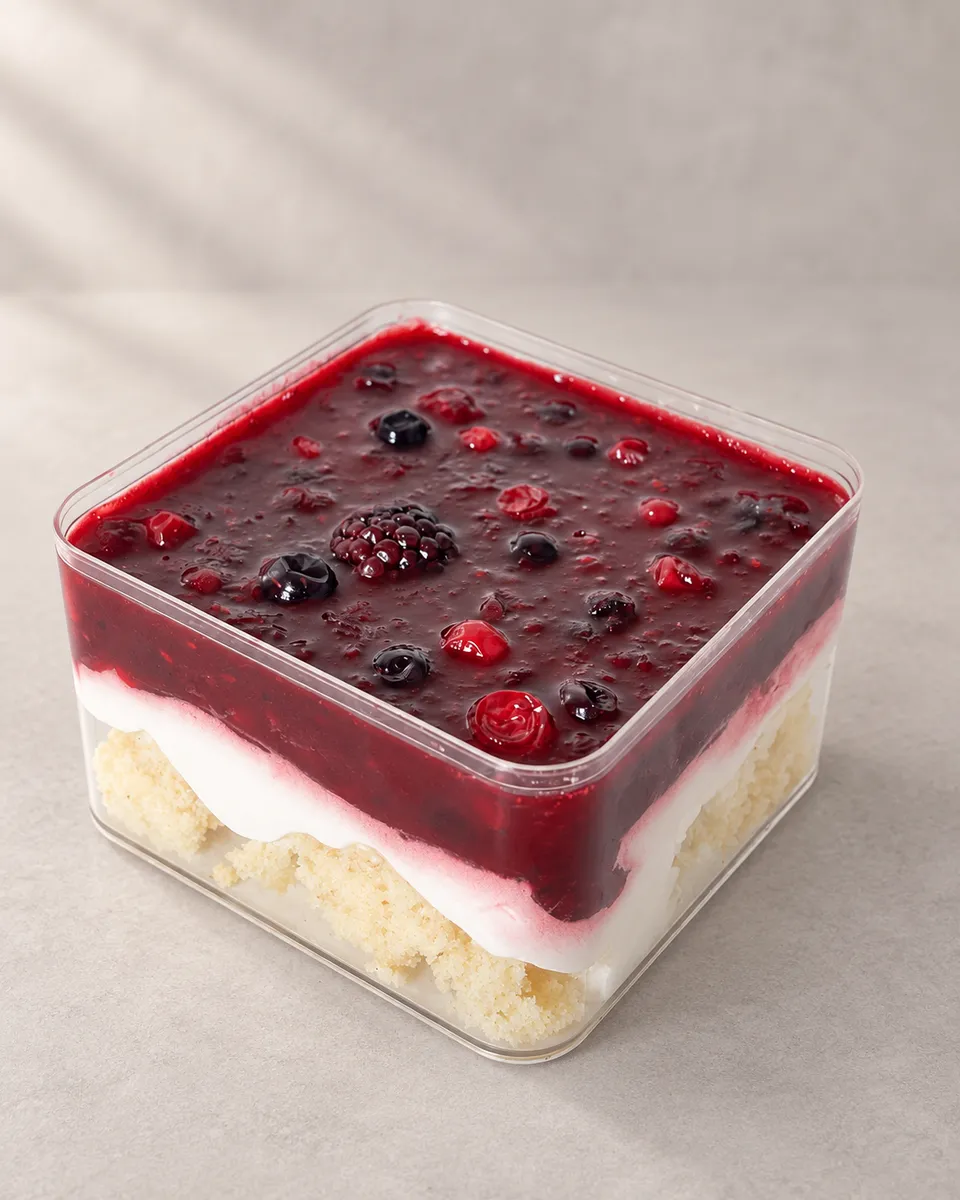 Verrine carrée aux fruits rouges, sur une couche de crème et de biscuit