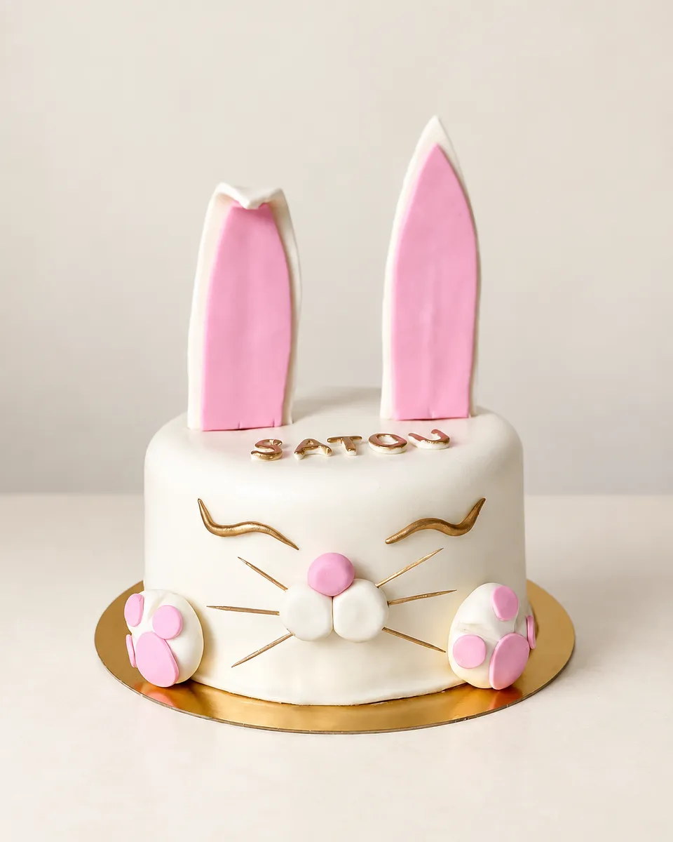 Gâteau blanc en forme de tête de lapin, longues oreilles roses et moustaches dorées