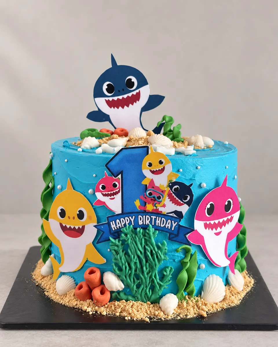 Gâteau bleu sur le thème Baby Shark, avec les personnages, des algues et des coquillages