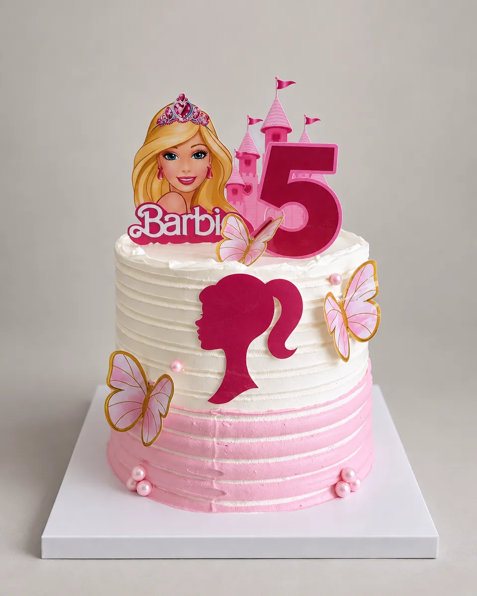 Gâteau à deux étages sur le thème Barbie, blanc en haut et rose dégradé en bas, avec papillons