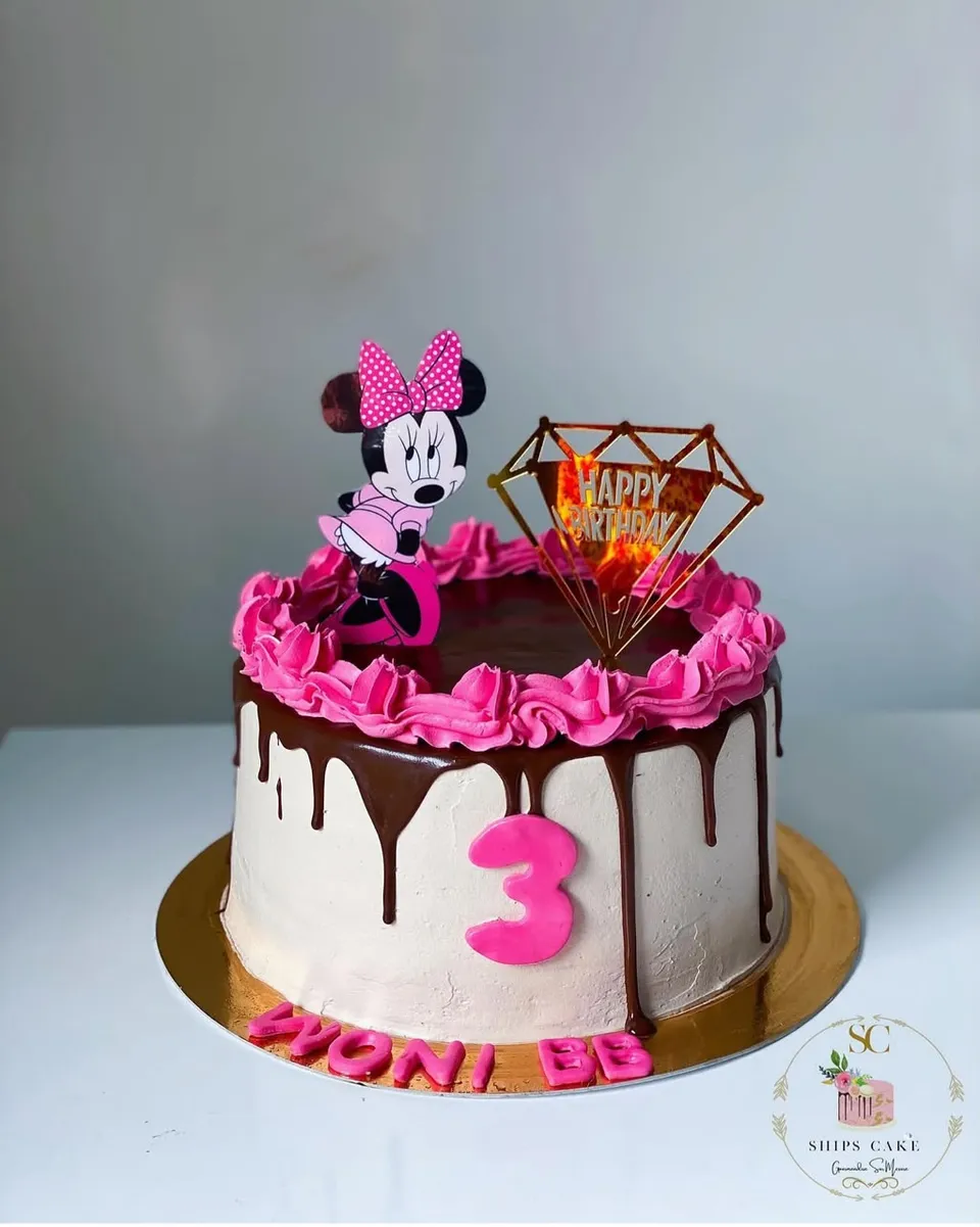 Gâteau au chocolat à coulure de ganache, rosaces roses et décor Minnie