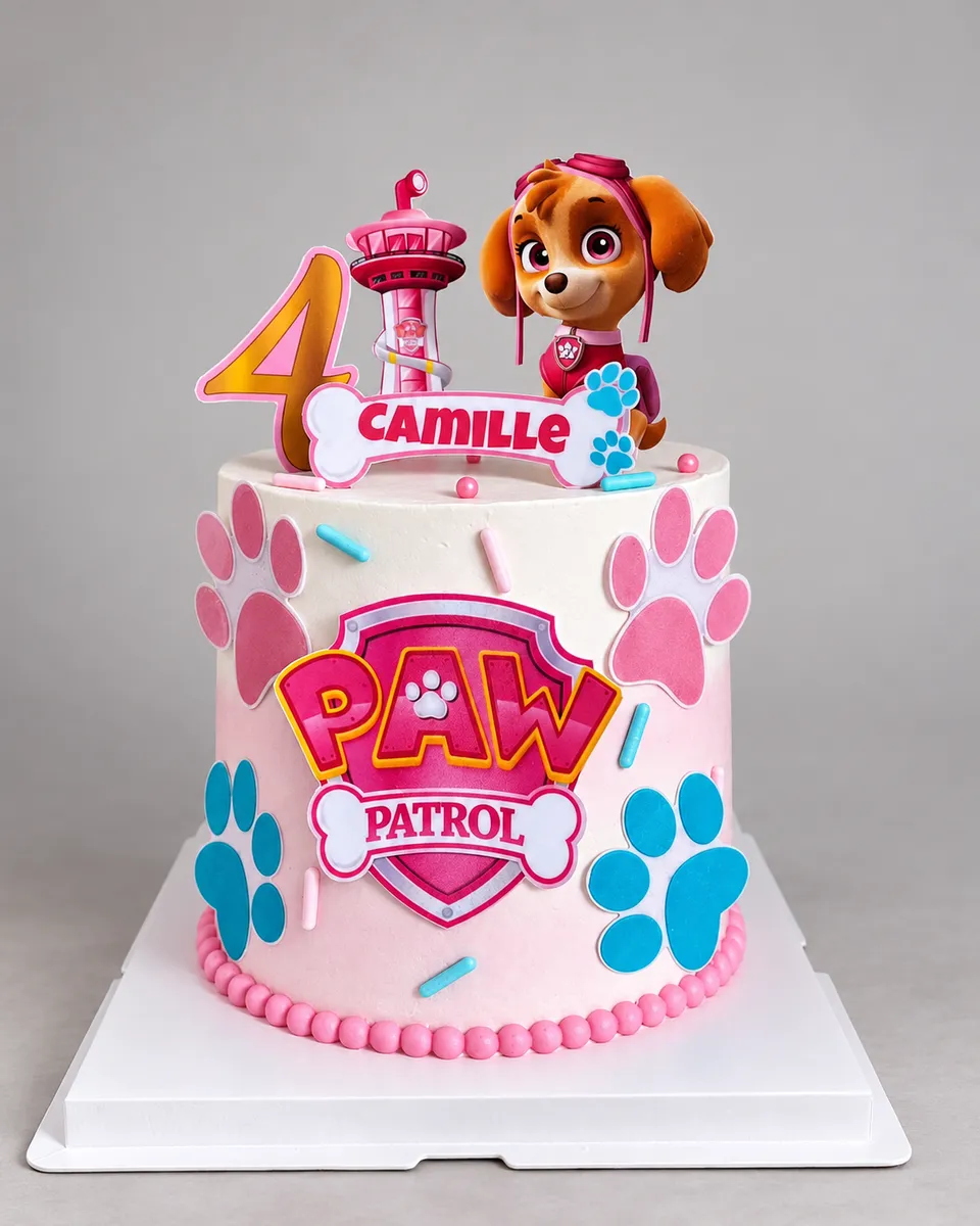 Gâteau rose sur le thème Pat'Patrouille, avec l'écusson, des empreintes de pattes et le chiffre 4