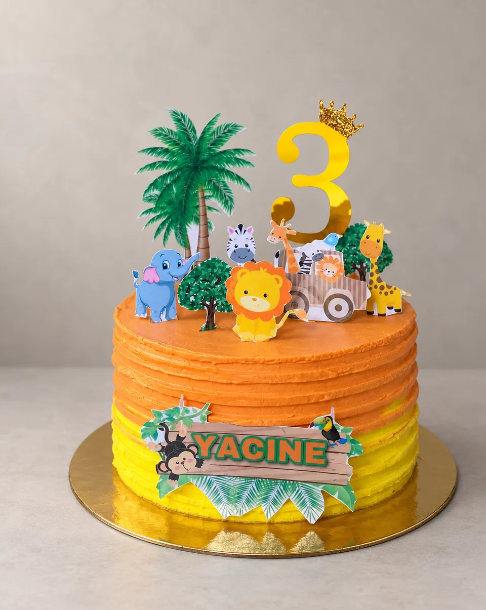 Gâteau orange et jaune sur le thème safari, avec un palmier et des animaux de la savane