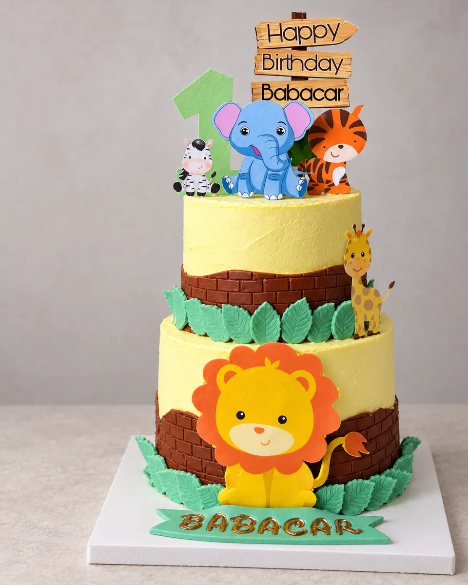 Gâteau safari à deux étages, jaune et brun, avec lion, éléphant, zèbre et girafe