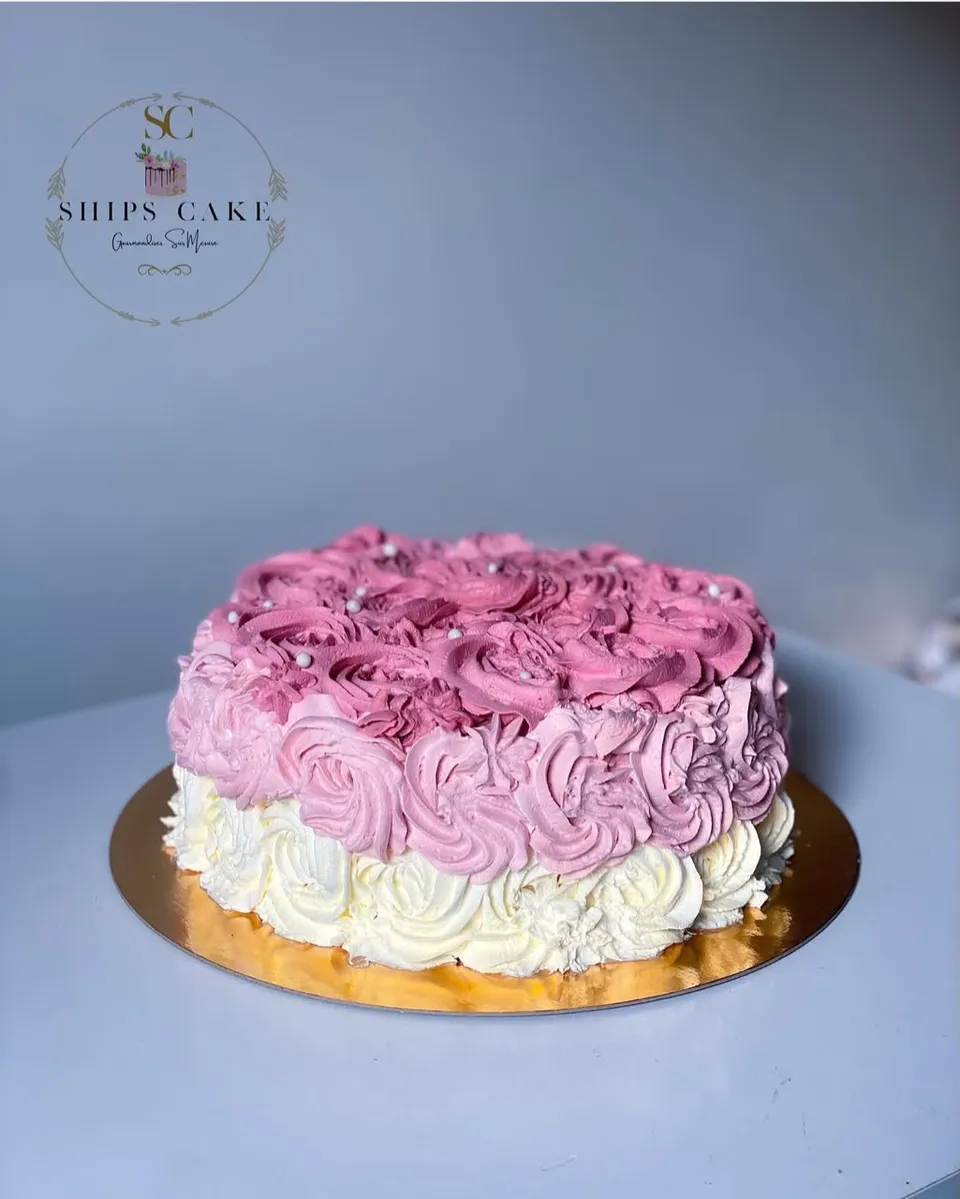 Gâteau entièrement couvert de rosaces de crème, en dégradé du rose soutenu au blanc