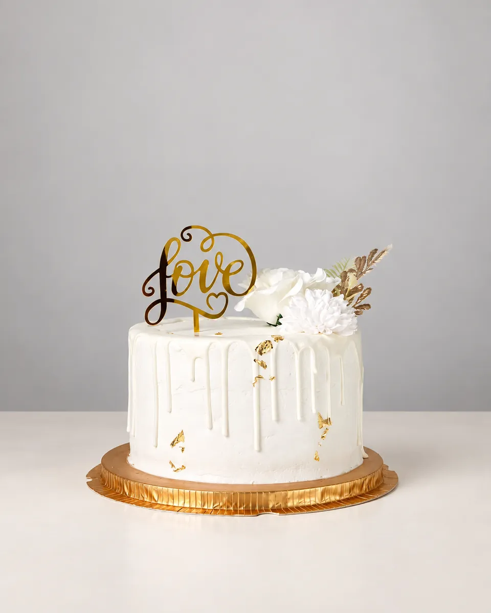 Gâteau blanc à coulure, surmonté du mot love en lettres dorées, de roses blanches et de feuilles d'or
